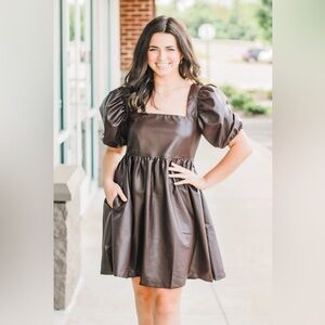 Chocolate Brown Faux Leather babydoll dress! Size B (18/20) BNWOT! Arula 🍫🍫